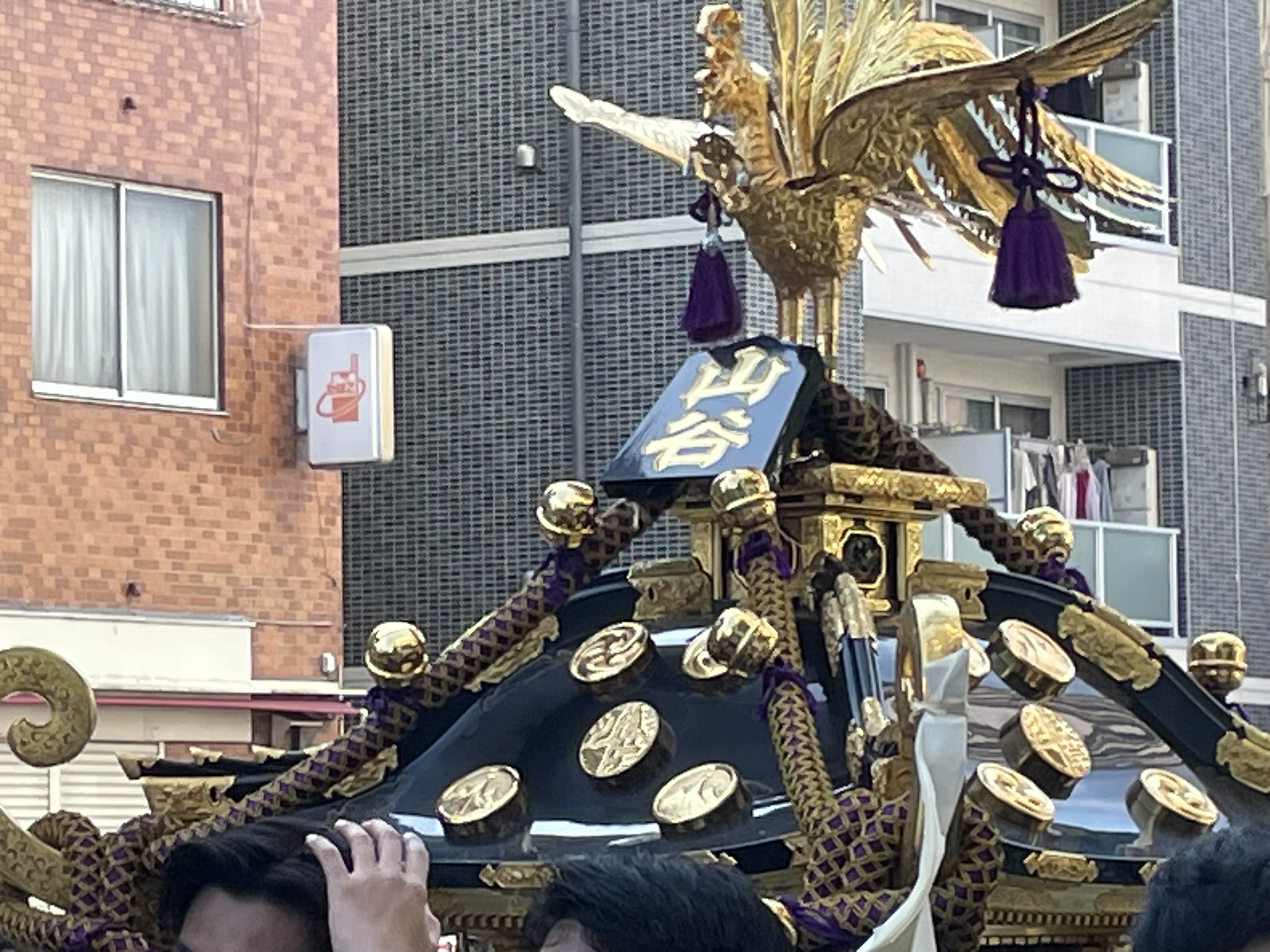 金色に輝く山谷の町内神輿の装飾。細部まで丁寧に作られた神輿の美しさに見とれてしまいます。