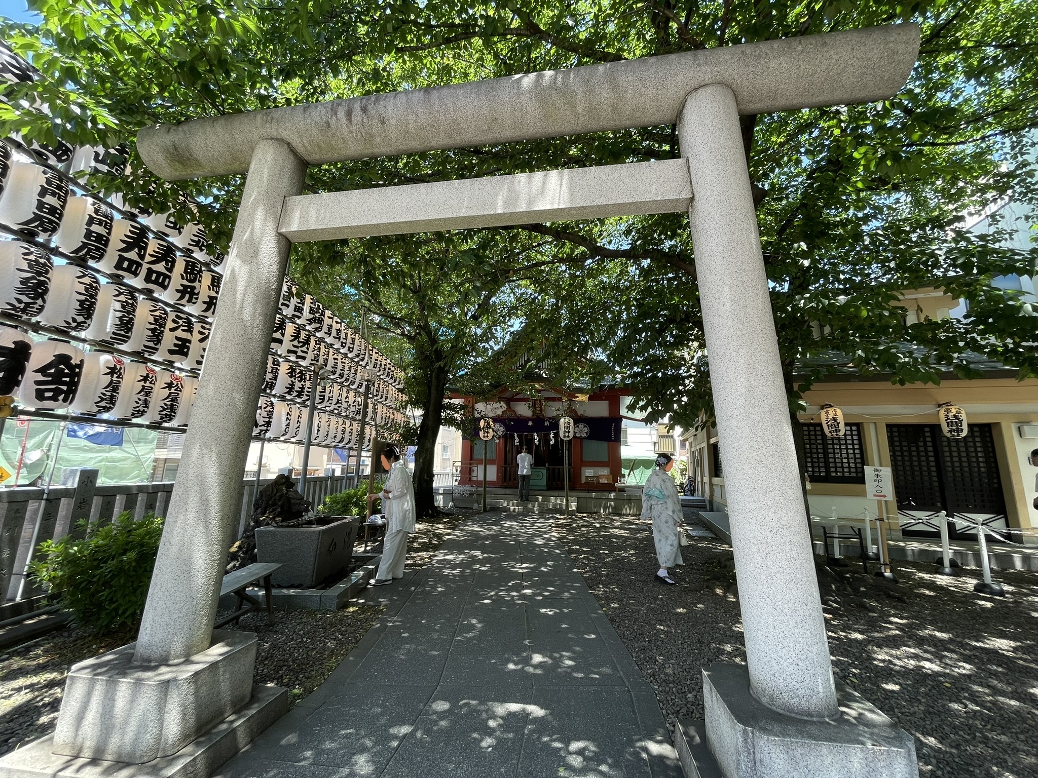 浅草富士浅間神社の鳥居と参道。両脇に提灯が並ぶ。