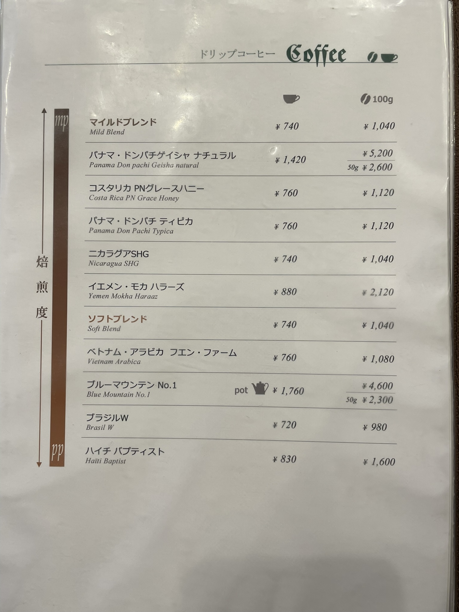 カフェバッハさんの「ドリップコーヒー」メニュー表（mp-pp）