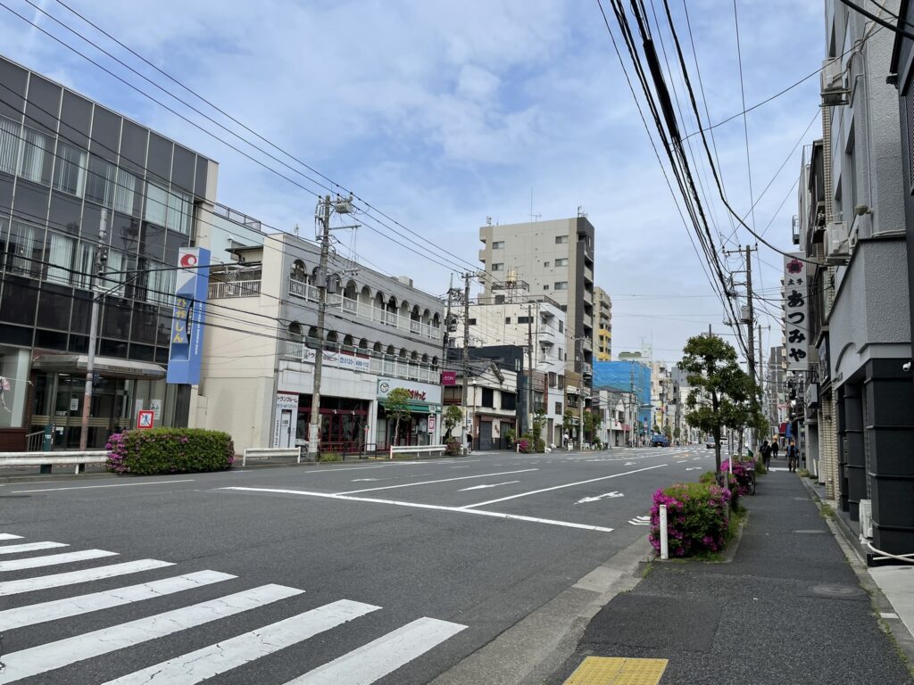 横断歩道のある交差点。起伏のない街は、ご年配の方も足に負担をかけずに歩ける(撮影した日の朝は、ゴミ回収日)。