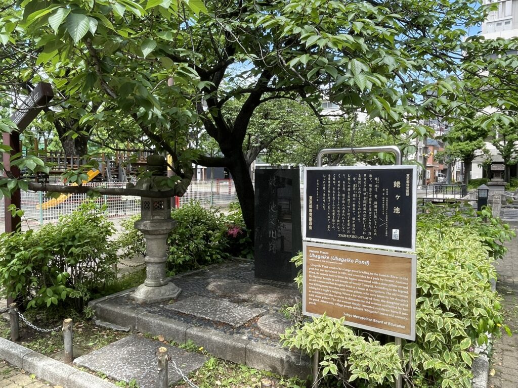 石碑のそばに立つ案内板。かつて隅田川まで通じていた大池の由来が解説されている。