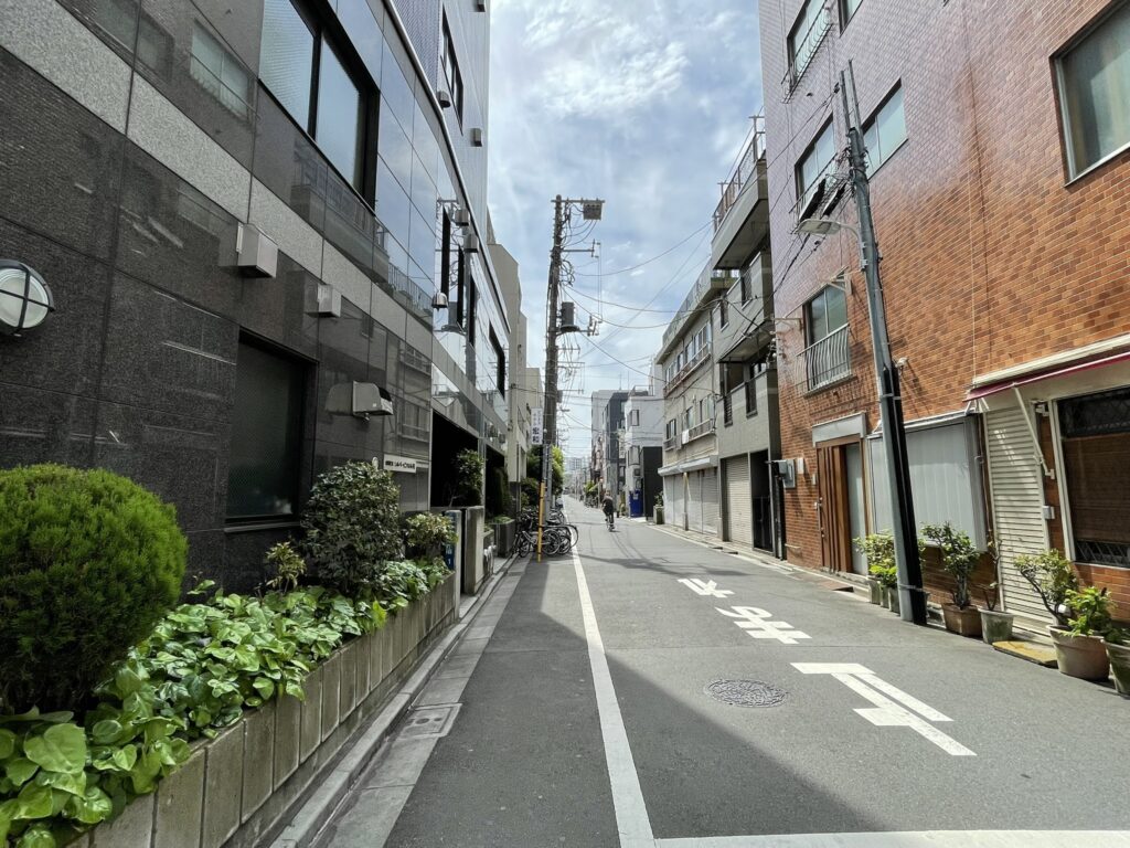 緑が添えられた細い路地。正式な町名が消えた今も「山谷」という名が生き続ける街の静かな一角。
