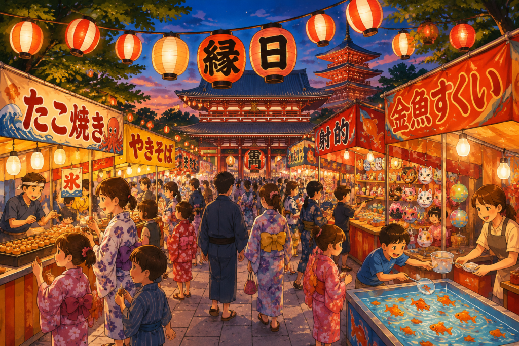 提灯が灯る縁日の屋台と浴衣姿の人々が賑わう祭りのイラスト（イラスト：AI作成）。