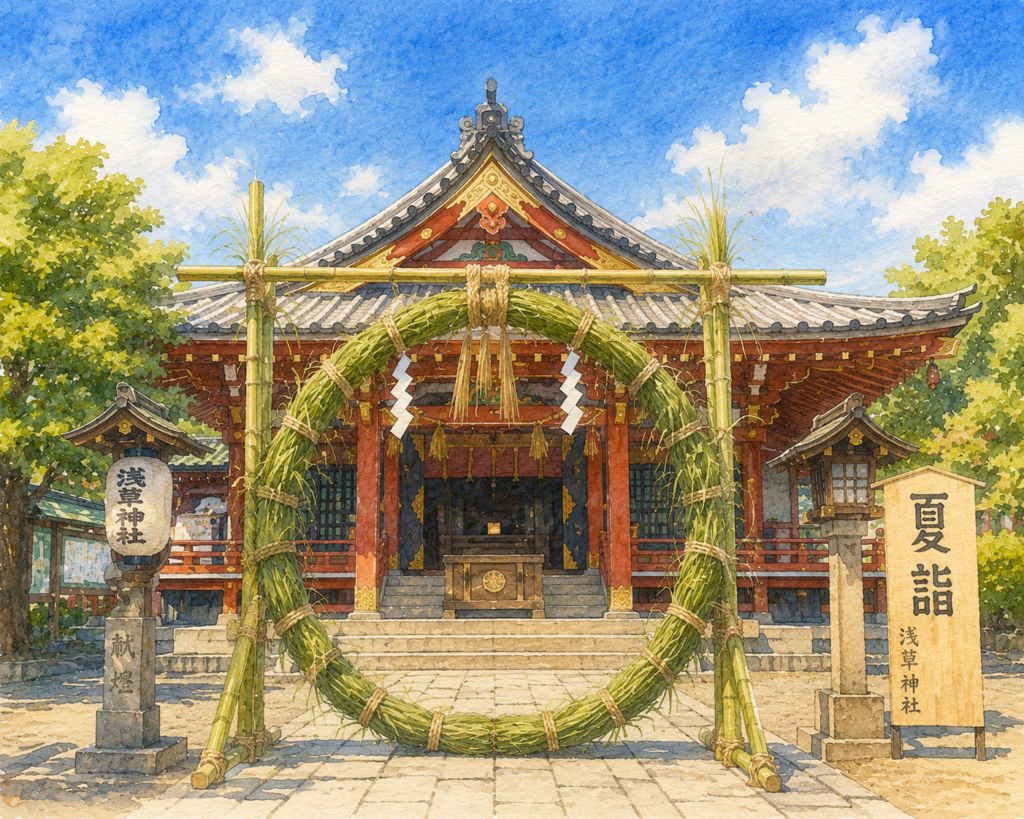 茅の輪が立つ浅草神社の社殿(イラスト:AI作成)。