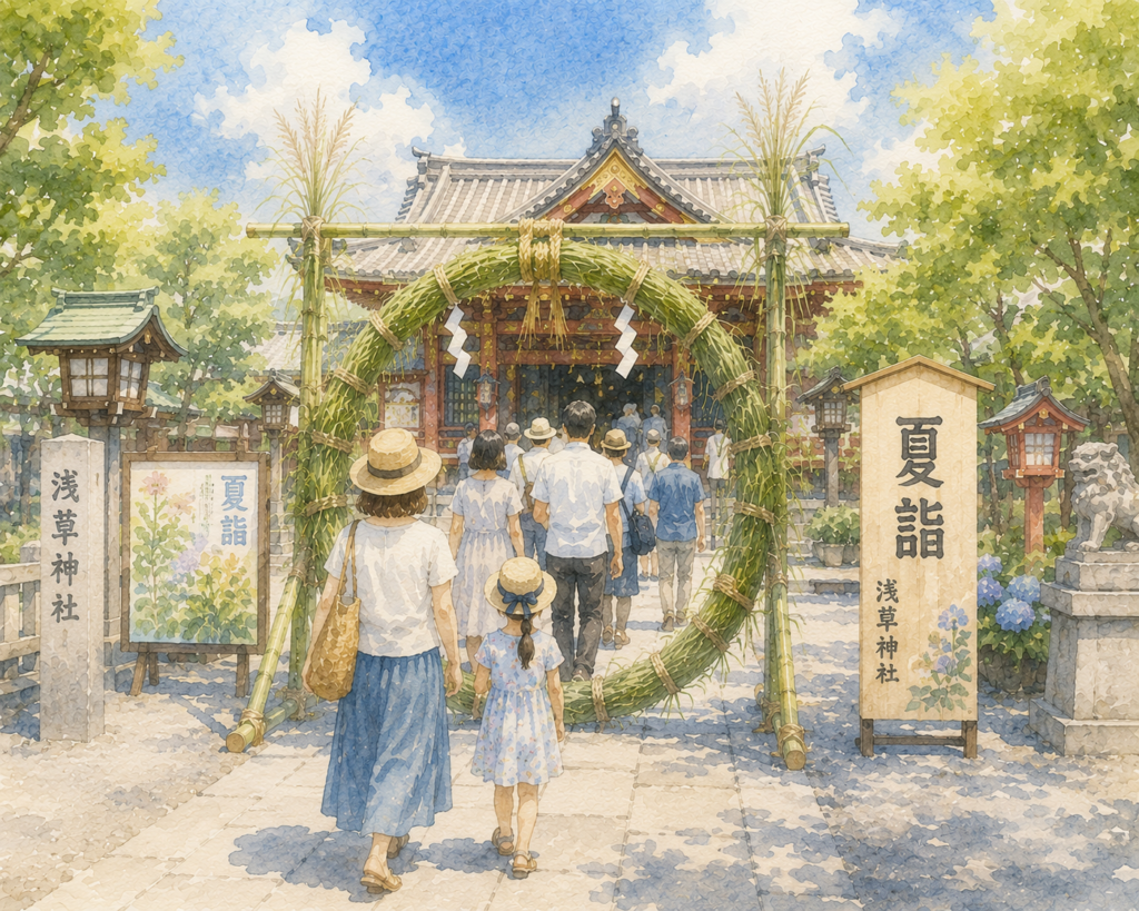 茅の輪をくぐる人々の後ろ姿(イラスト:AI作成)。