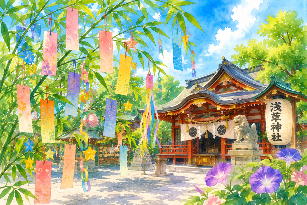 七夕飾りが揺れる夏の境内(イラスト:AI作成)。