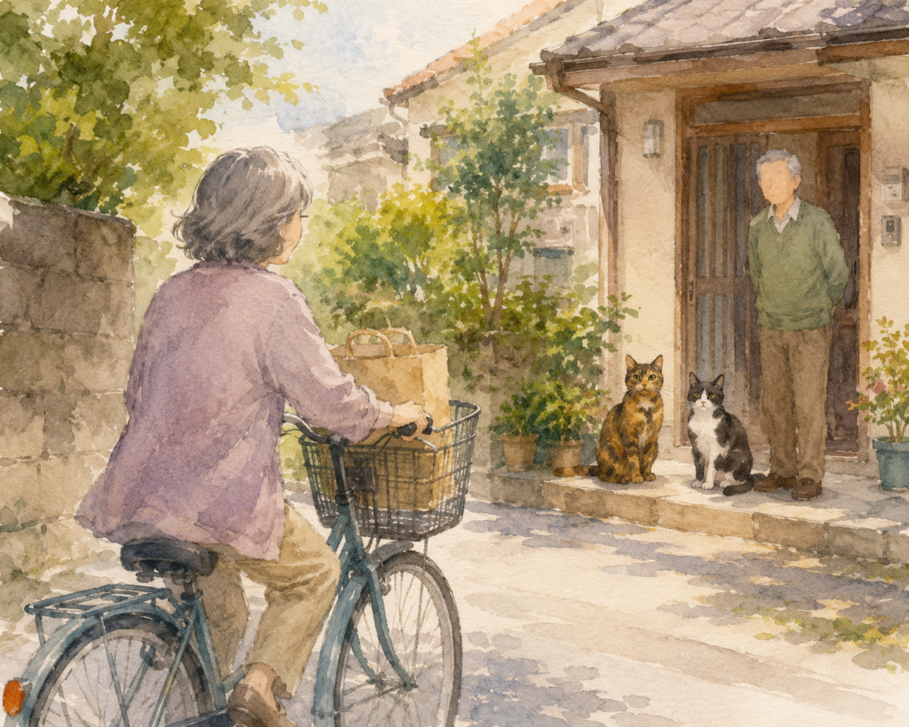 自転車で猫の待つ家へ向かう年配女性と、玄関で待つ男性、サビ猫とハチワレ猫の水彩風イラスト(イラスト:AI作成)。