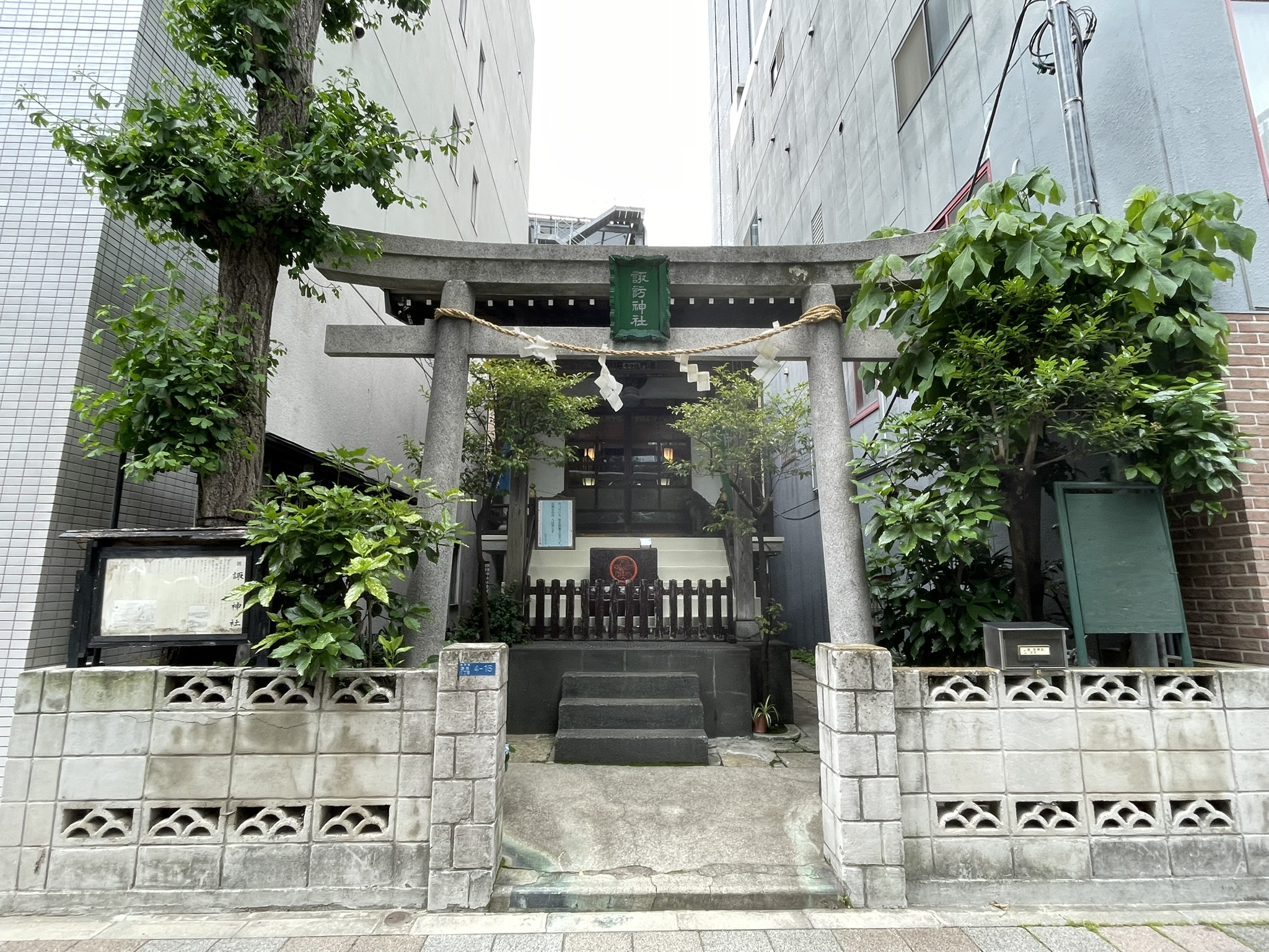 鳥居と参道入口の正面。石鳥居・社号標・緑が見える。
