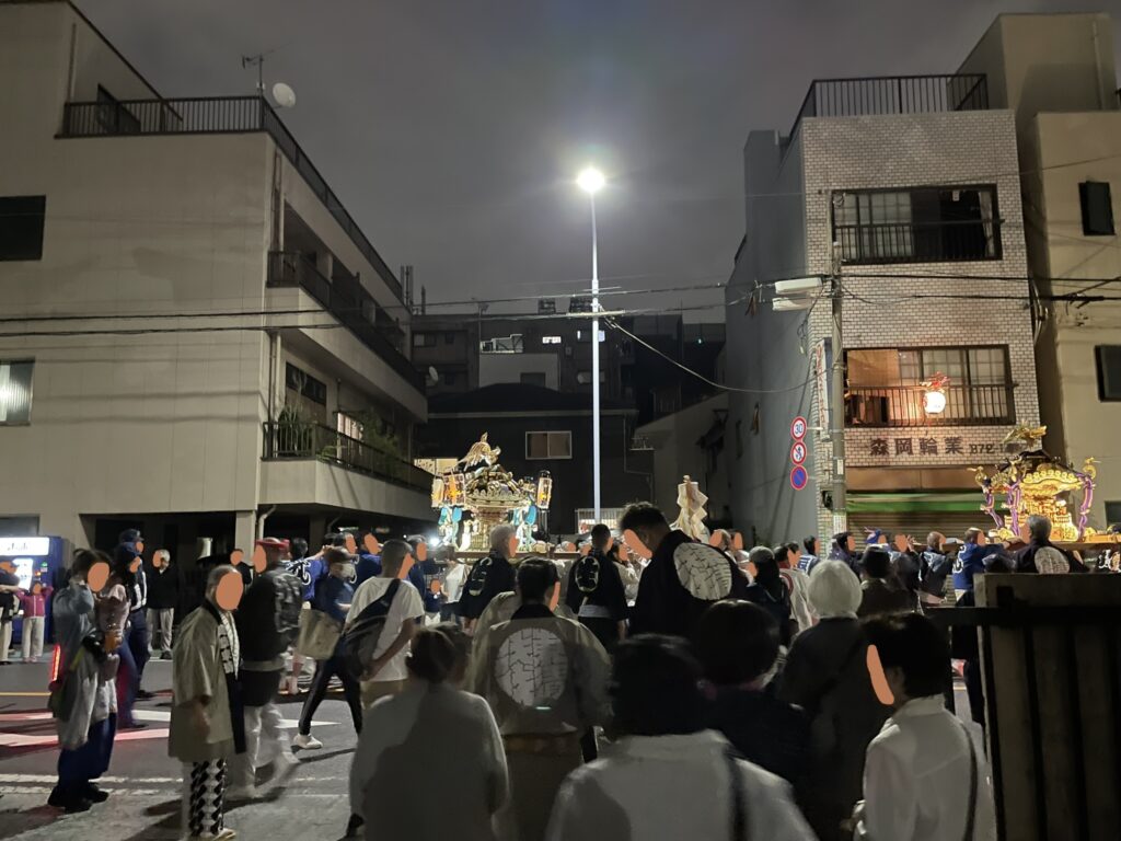 夜道を進む、玉姫稲荷神社の町内神輿。