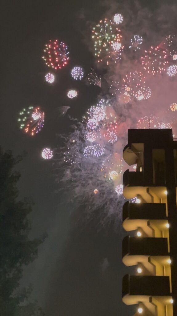 複数の花火が重なって夜空を彩る様子