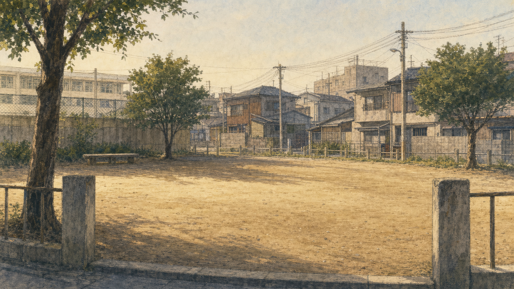 遊具や屋台、人の姿がない土の広場と、昭和の住宅や電柱が並ぶ、昭和50年代の玉姫公園をイメージしたイラスト（イラスト：AI作成）。