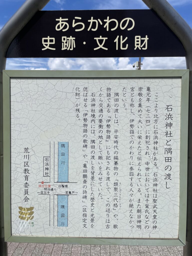 あらかわの史跡・文化財「石浜神社と隅田の渡し」の説明板