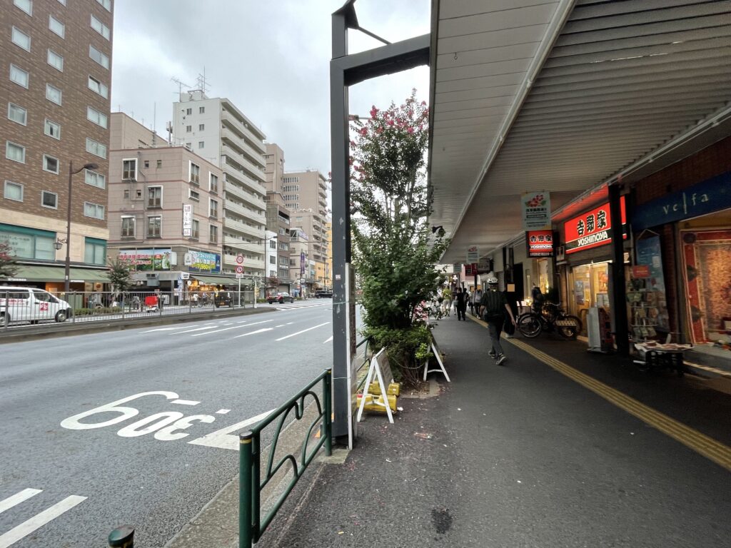 説明板の脇から見た国際通り。アーケードの商店街が続く